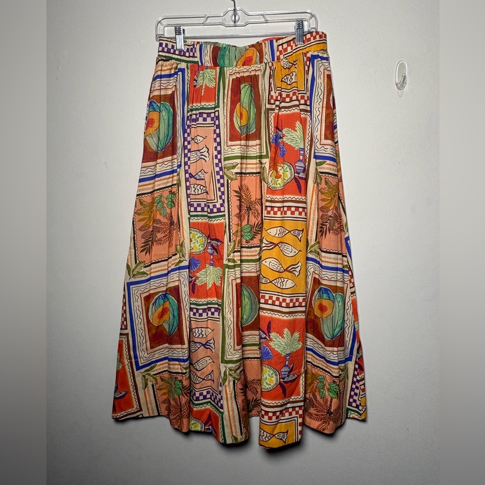 Philosophy Woven Boho Skirt Elastic Waist Fish Tree Fruit Mexican Size L Large
